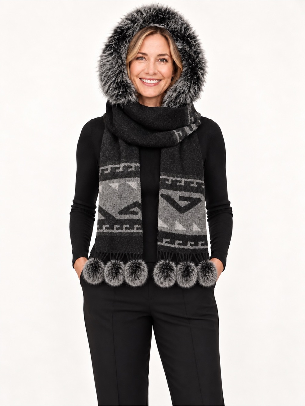 Auclair Deerskin Mittens & Hooded Pom-Pom Scarf Set Black Gray EUC